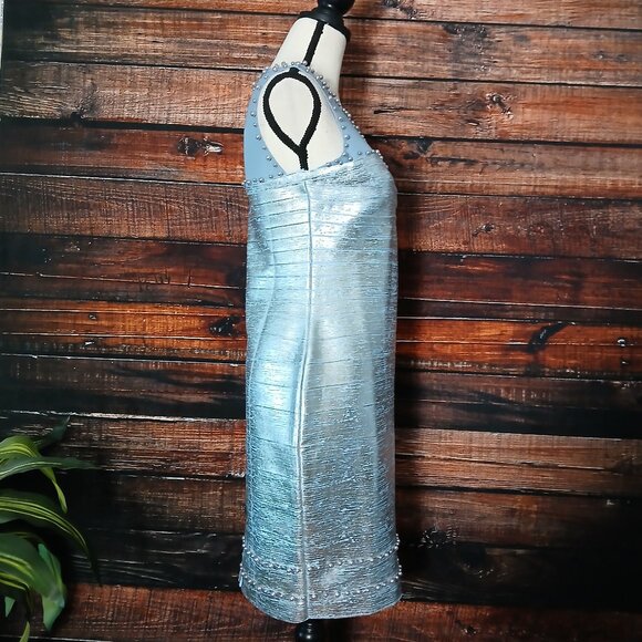 NWT Venus Bodycon Dress Size M Silver Blue Pearl Studded Stretch - Picture 8 of 12
